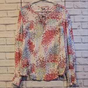 Lucky Brand Women's Size XL Blouse White Blue Red Floral Tie V-Neck Elastic
